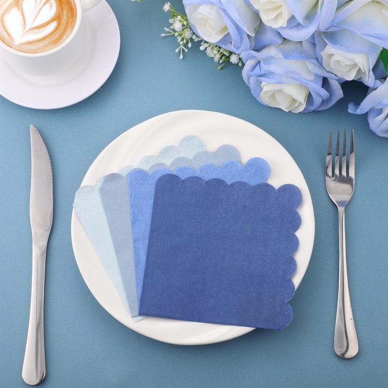 Xiangqu 120 Pack Dusty Blue Napkins, 5 x 5 Inch Boy Baby Shower Napkins Gradient Blue Cocktail Napkins Scalloped Napkins Beverage Napkins for Dinner Wedding Baby Shower Bridal Anniversary Reception