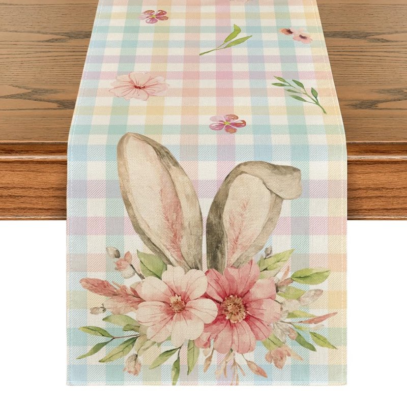 Artoid Mode Colourful Buffalo Plaid Bunny Ears Flower Easter Table Runner, Spring Seasonal Holiday Kitchen Dining Table Decoration for Home Party Decor 13 x 72 Inch