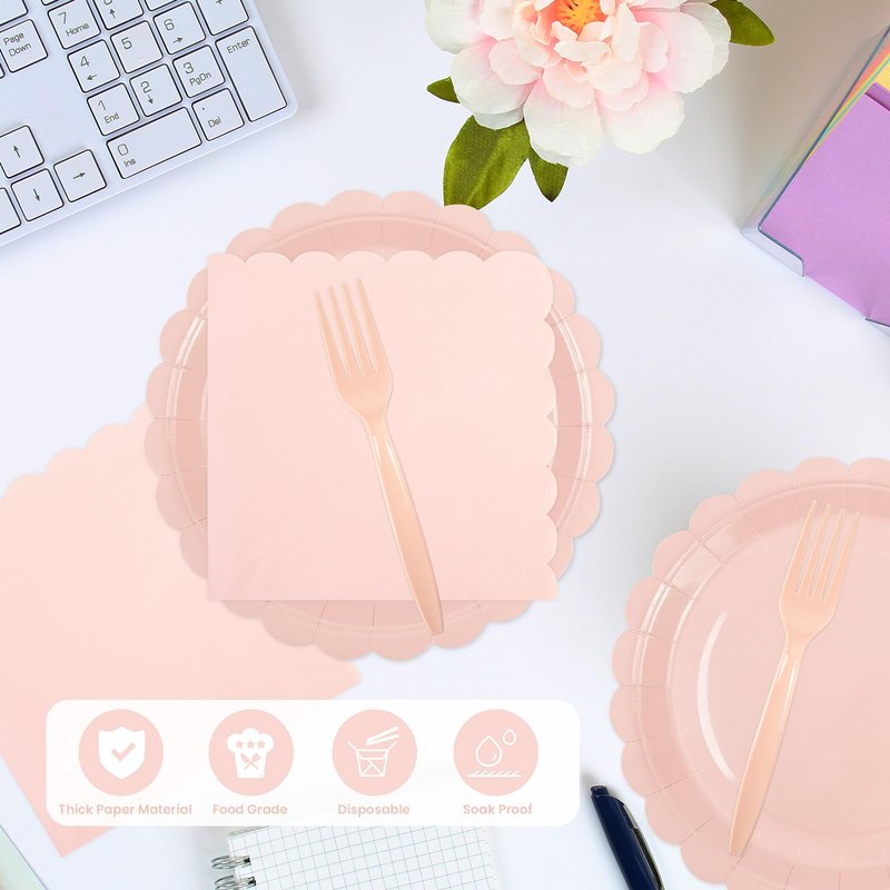 PUEVENYI 96PCS Pink Paper Plates and Napkins, 24 Guest Light Pink Disposable Scalloped Paper Plates Napkins and Forks Decoration Party Supplies for Valentine's Day Birthday Wedding Baby Shower