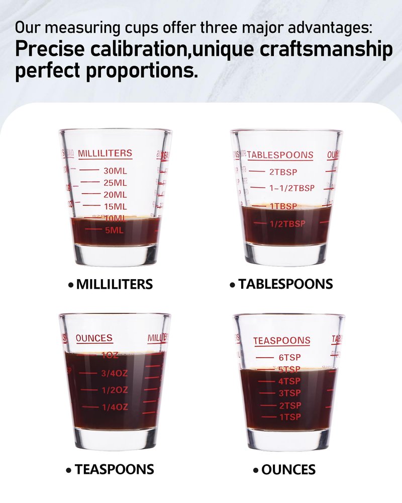 Shot Glasses Measuring Cup Set 4PACK Espresso Shot Glasses Liquid Heavy Glass 26-Incremental Measurement 1 OZ, 2 TBS, 6 TSP, 30 ML Kitchen Tools (RED&Black)