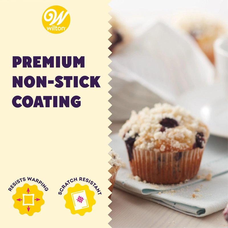 Wilton Gold Non-Stick Bakeware Muffin Pan - Baking Pan for Muffins & Cupcakes - Made Without PFAS, Dent Resistant & Dishwasher Friendly - Offers Even Heat Distribution - 10.5 x 15 x 2 Inches, 12 Cup