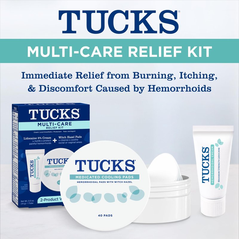 Tucks Multi-Care Relief Kit – 40 Count Witch Hazel Pads & 0.5 oz. Lidocaine Cream - Protects from Irritation, Hemorrhoid Treatment Medicated Pads Used by Hospitals