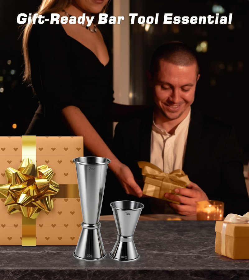 2-Pack Stainless Steel Cocktail Jiggers – Japanese Style Double Measuring Cups for Bartending (1oz/2oz + 0.5oz/1oz)