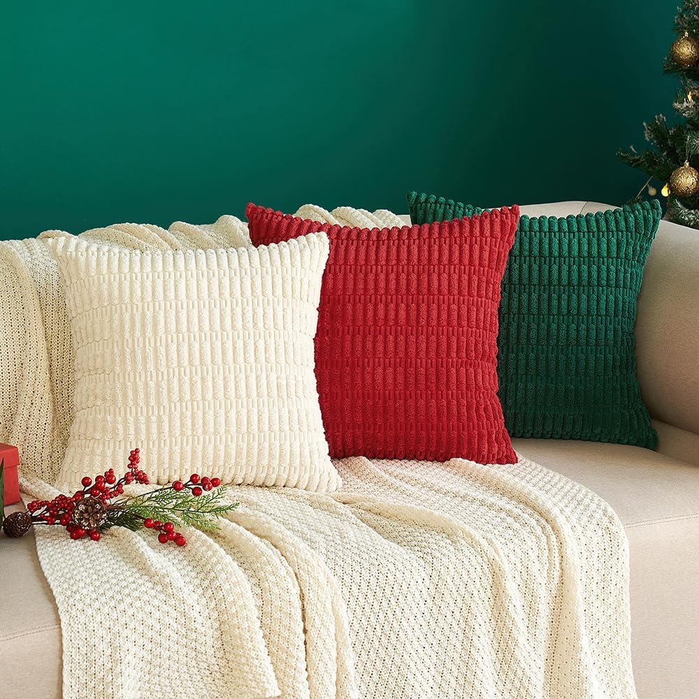 MIULEE Euro Sham Pillow Covers - Soft Boho Striped Corduroy | Pack of 2, 22x22 Inch, Cream White