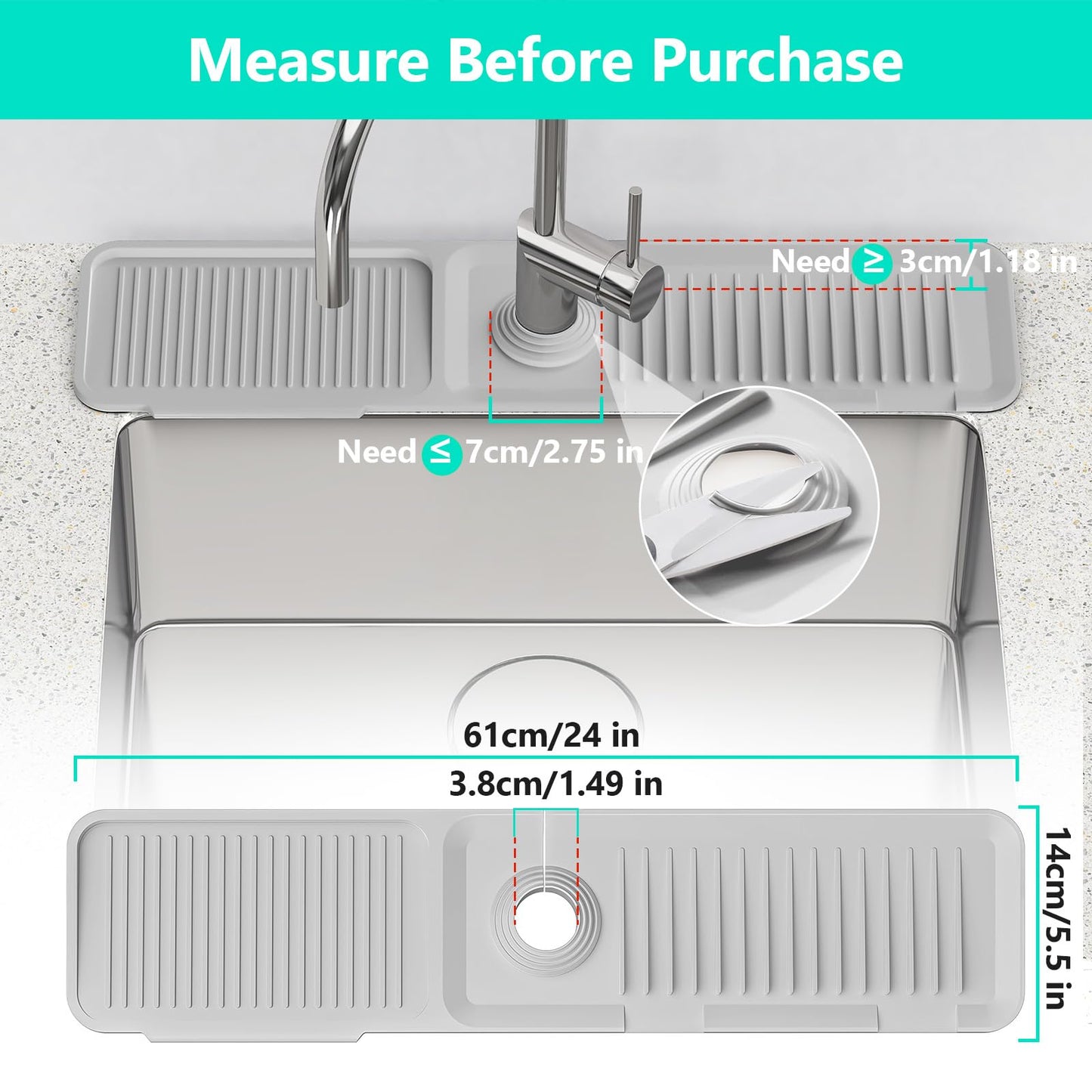 24 Inch Longer Faucet Mat for Kitchen Sink [5°Slope Fast Self-draining]Bathroom Kitchen Sink Splash Guard Silicone Sink Faucet Mat Splash Guard Kitchen Sink Area Tidy Splash Faucet Guard Draining Mat