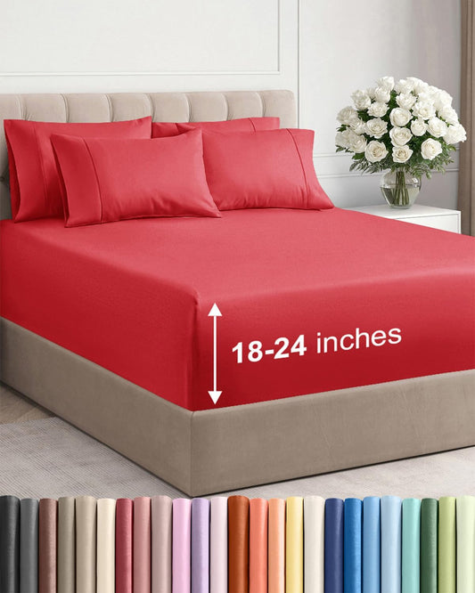 Skiennix Extra Deep Cal King Sheet Set - 6 Piece Breathable Cooling Bedding - Soft Wrinkle-Free Red