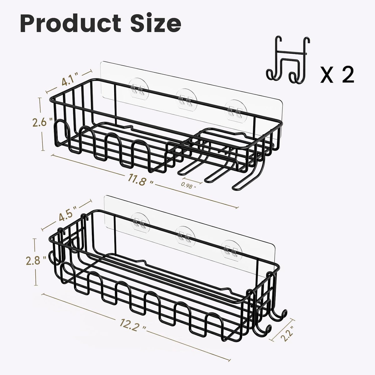 Saydear Adhesive Shower Caddy - Rustproof Metal Bathroom Storage Shelf with 2 Bonus Hooks | 4-Pack, Drill-Free Black