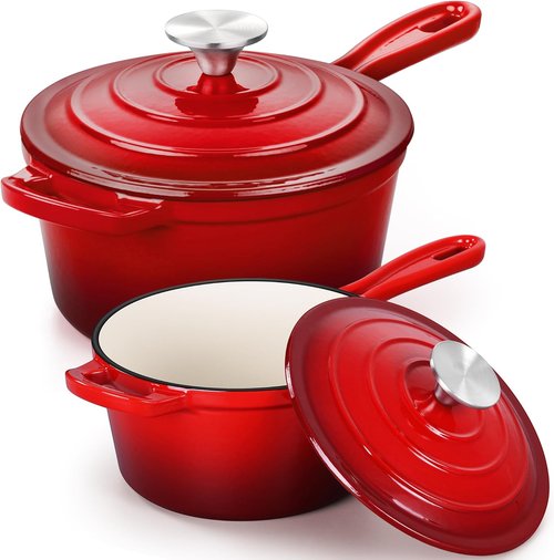 E-far Enameled Cast Iron Saucepan Set - 1Qt & 2Qt Heavy Duty Pots with Self-Basting Lids | Induction-Ready, Easy Clean, Red