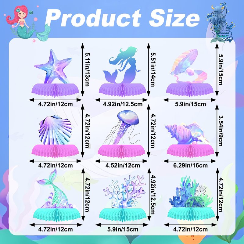 Oiuyamn 9 PCS Mermaid Theme Party Decorations, Ocean Mermaids Centerpieces for Tables Honeycomb Centerpiece, 3D Sea Party Supplies for Birthday Decor