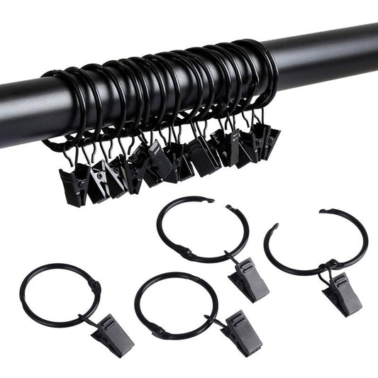SPLF 36 Pack Metal Openable Curtain Rings with Clips, 1.22 Inch Interior Diameter, Fits up to 1 Inch Rod, Heavy Duty Rustproof Vintage Decorative Drapery Eyelet Curtain Rods Hangers Rings, Black