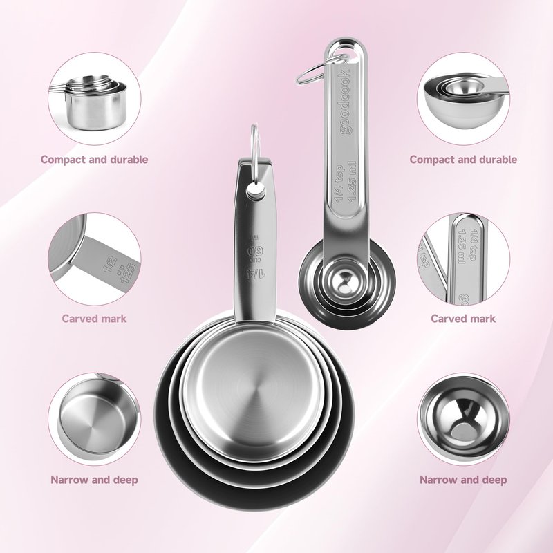 Strelitsia Measuring Cups and Spoons Set,Stainless Steel 8 Piece Nesting Measuring Tools for Dry & Liquid Ingredients, Kitchen Gadgets for Cooking and Baking, Includes 4 Cups and 4 Spoons