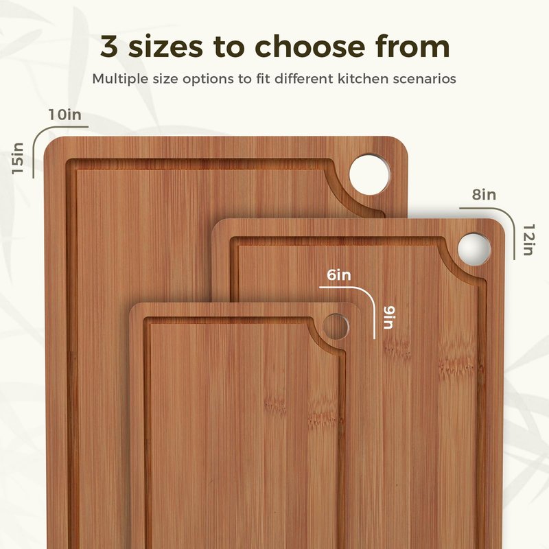 Bamboo Cutting Board for Kitchen – 3-Piece Wooden Boards with Juice Grooves, Side Handles, Non-Slip Mats – Perfect for Meat, Veggies, Fruit – Ideal Kitchen Gift
