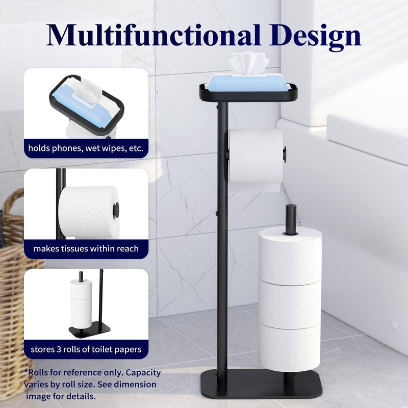Kitsure Toilet Paper Holder Free Standing – Rustproof Metal Toilet Paper Stand for 4 Rolls with Anti-Slip Base and Shelf for Phone & Small Items, Bathroom Organizers and Storage, Medium, Black