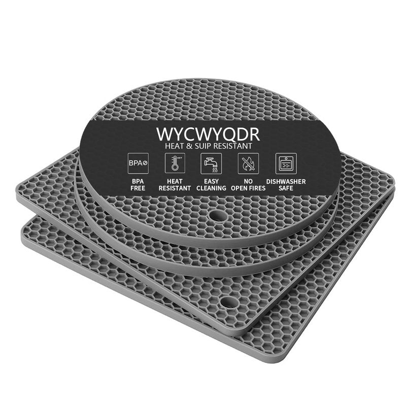 WYCWYQDR Silicone Trivet Mats, 4 Pack Trivets for Hot Dishes and Pans, Heat Resistant Non-Slip Trivet for Kitchen Countertop, Easy to Clean(Gray)