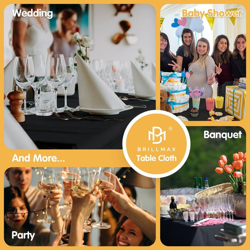 BRILLMAX 8 Pack Black Tablecloths 60 x 126 Inch for 8ft Rectangle Tables - 150 GSM Polyester Fabric, 15" Standard Drop, Water, Stain & Wrinkle Resistant Cloth Cover for Wedding Banquet Dining Buffet