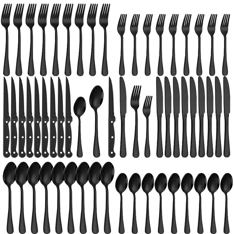 60-Piece Black Silverware Set with Steak Knives Black Stainless Steel Flatware Set for 10 Food Grade Tableware Cutlery Set Rust-proof, Mirror Polished, Dishwasher Safe