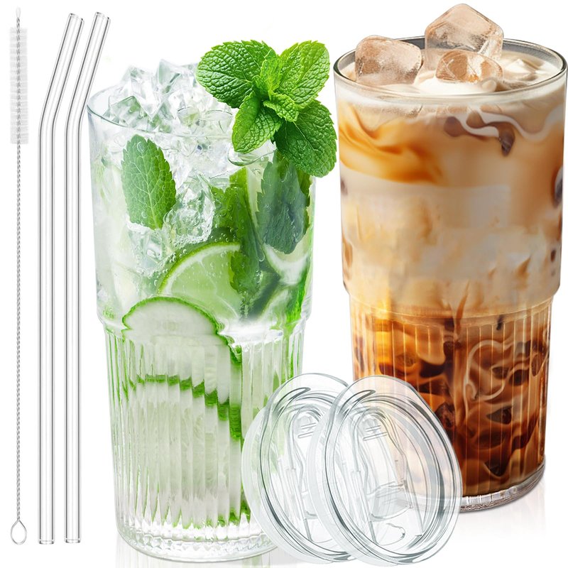 Luiaiog 18.5oz Glass Cups with Lids and Straws - Set of 2 Reusable Tumblers, Thickened Shatter-Resistant Glass, Ideal for Iced Coffee, Smoothies, Cocktails, Juices - Elegant & Durable Drinkware
