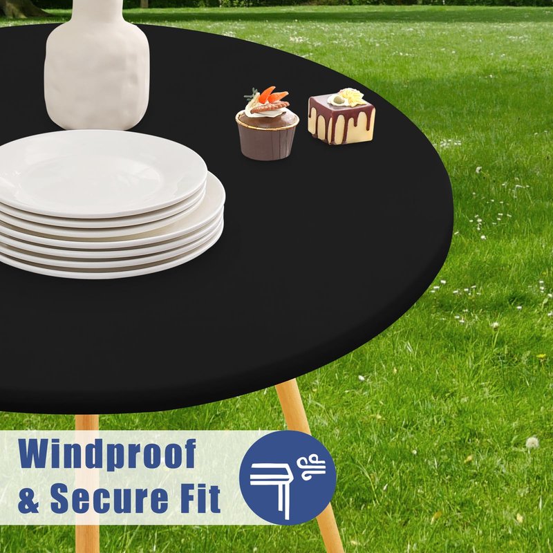 Moosfor Round Spandex Tablecloth, Elastic Fitted Waterproof Tablecloths for 36"-44" Tables, Stretch Washable Picnic Table Cover for Camping, Dining, Indoor and Outdoor, Black