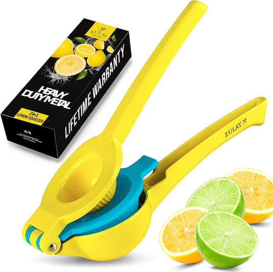 Zulay 2-In-1 Lemon Squeezer - Sturdy Manual Juicer for Maximum Juice Extraction | Easy to Clean - Yellow/Blue