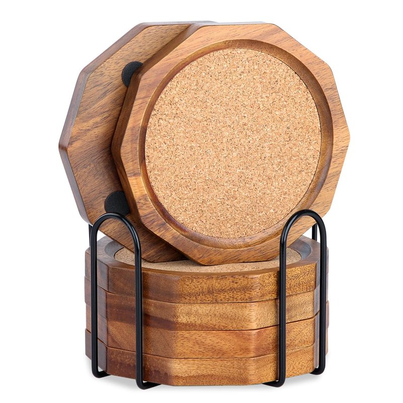 LiWiBet Wood Cork Coasters for Drinks Absorbent with Holder, 4.33in Decagonal Shape Acacia Wood Coaster Set Drink Coasters for Cups, Mugs, and Glasses - Handcrafted, Durable, and Stylish