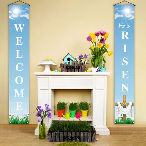 He Is Risen Porch Banner Easter Christian Cross Lily Religious Holiday Party Front Door Sign Wall Hanging Party Decoration