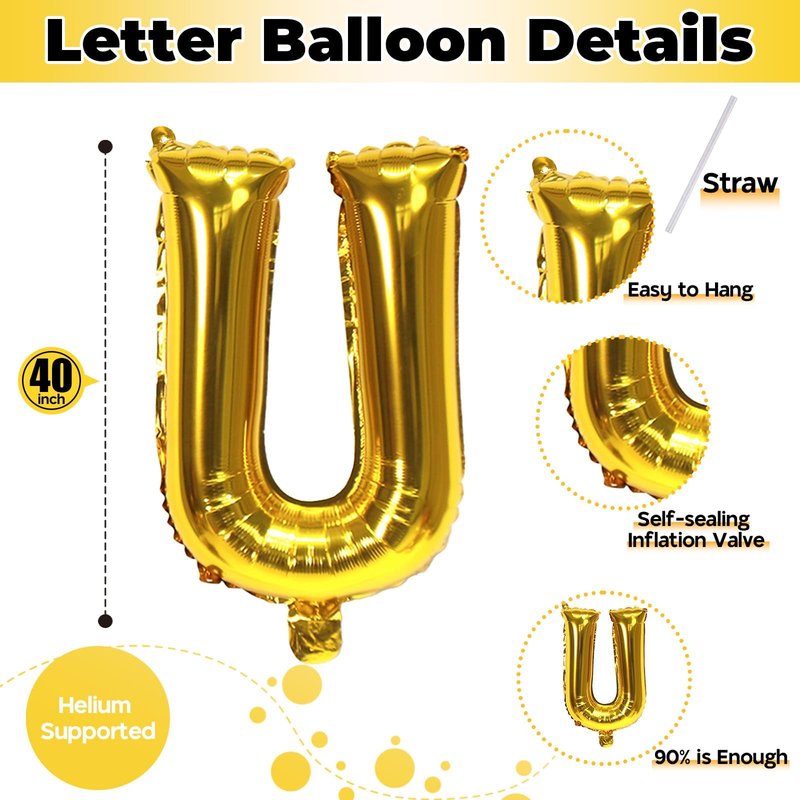Large Custom Balloon Letters U, 40 Inch Helium Alphabet Word Balloons Decor, Big Self Inflating Foil A-Z Gold Letter Name Balloons for Boys Women Birthday Anniversary Party Decorations Supplies