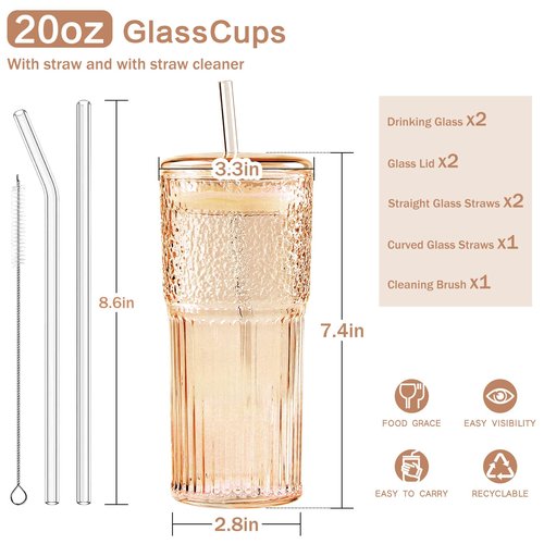 GOSCHE Glass Cups with Lids and Straws, 20oz Drinking Jar Glass Tumbler Iced Coffee Cups Set, Vintage Ripple Glassware Smoothie Cups for Water Coffee Tea, Amber, 2 Pcs