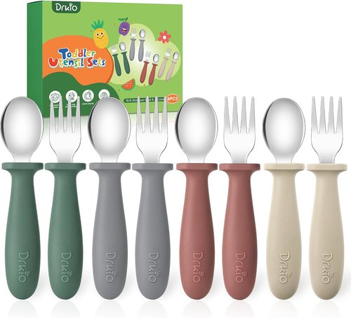 DRKIO Toddler Utensils Set - 8-Piece Kids Silverware with Silicone Handles | Safe 18/8 Stainless Steel