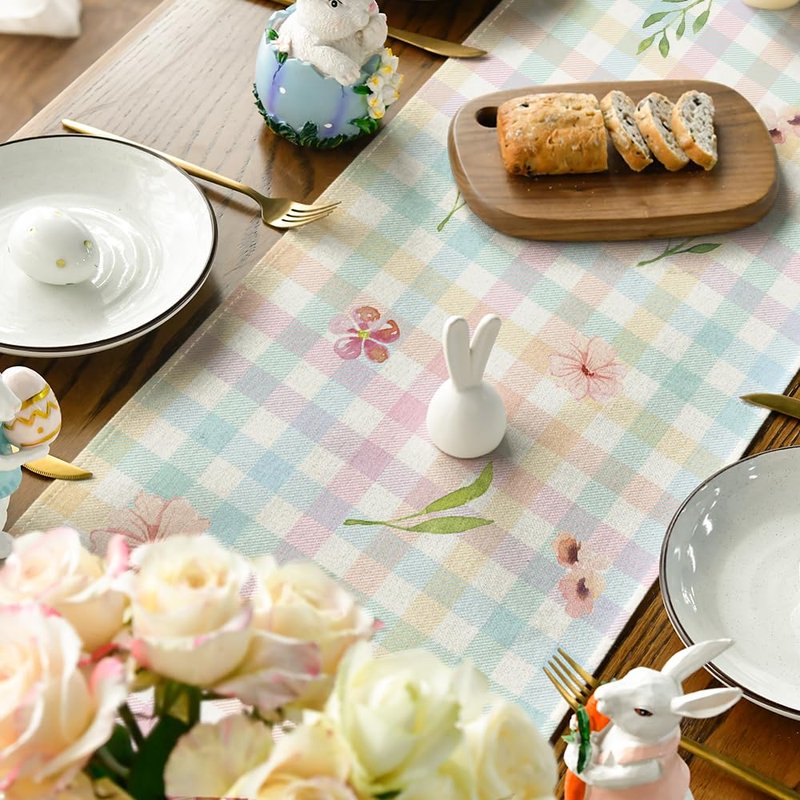 Artoid Mode Colourful Buffalo Plaid Bunny Ears Flower Easter Table Runner, Spring Seasonal Holiday Kitchen Dining Table Decoration for Home Party Decor 13 x 72 Inch