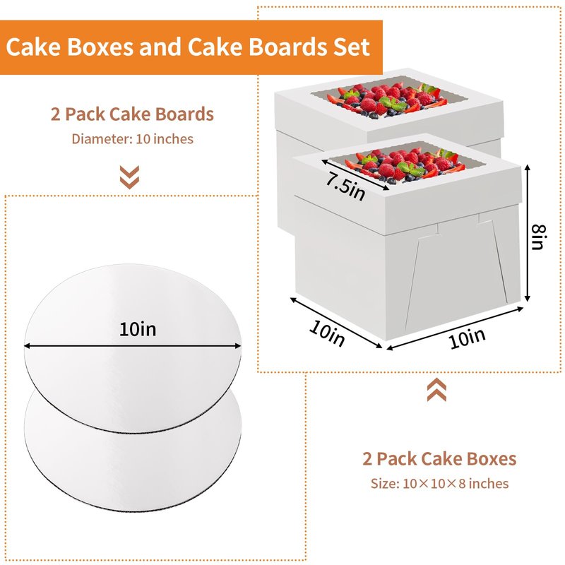 WINKIO 10 Inch Cake Box with Cake Boards, 2 Pack Disposable Cake Carrier, Cakes Transport Container, White Bakery Holder with Window, for Cookies Pies Cupcakes Pastry (10×10×8 Inches)
