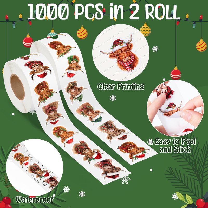 BkeeCten Christmas Highland Cow Sticker - 600 Pcs Christmas Highland Cow Waterproof Vinyl Reusable Laptop Sticker Coloring Book Scrapbook Water Bottle Page Activity Pad Party Favor Skateboard Giftwrap