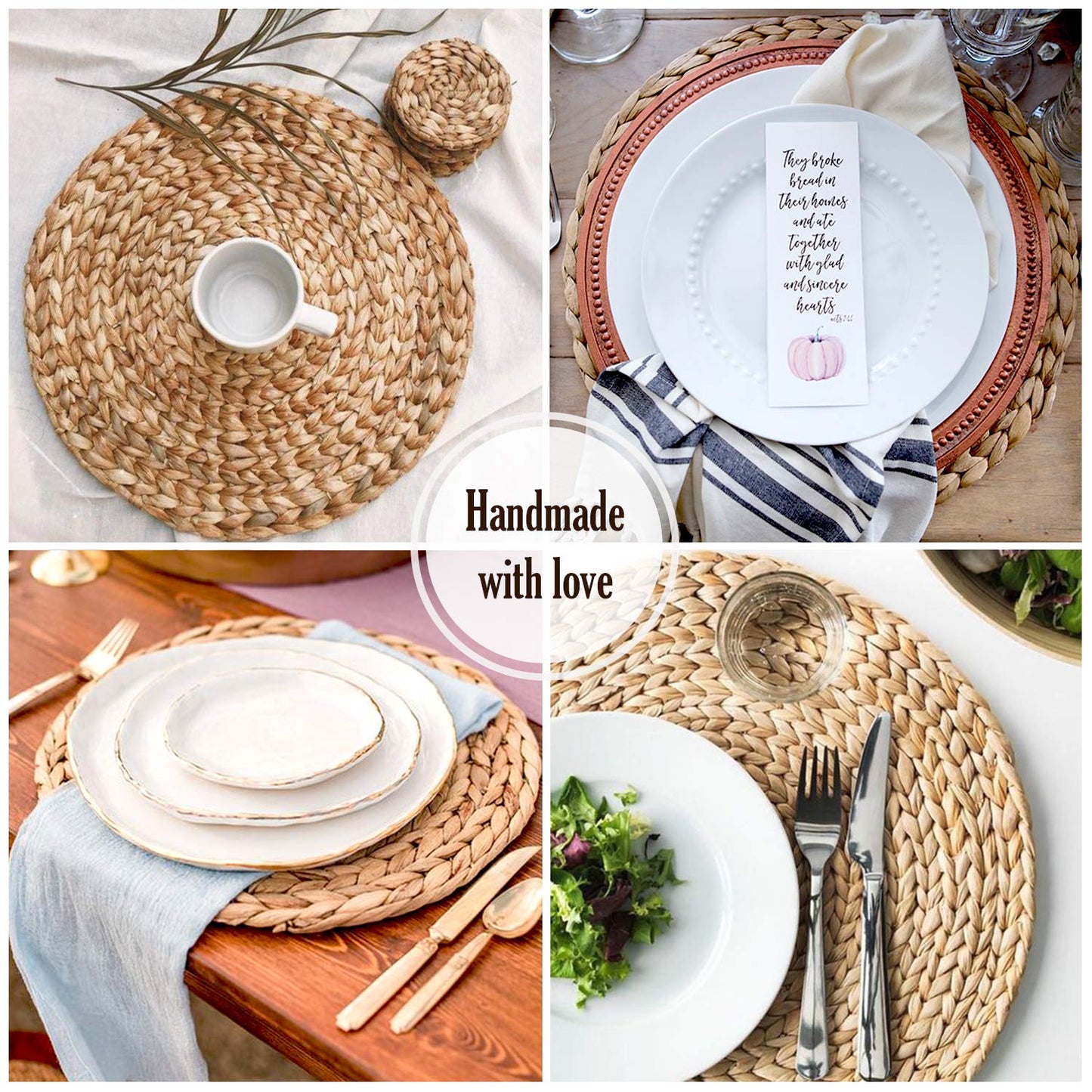 Woven Placemats Set of 4, Table Mats Set of 4, Water Hyacinth Round Placemats for Round Table, Chargers for Dinner Plates, Wicker Chargers for Dinner Plates, Woven Placemat, Place Mats 13.4 in