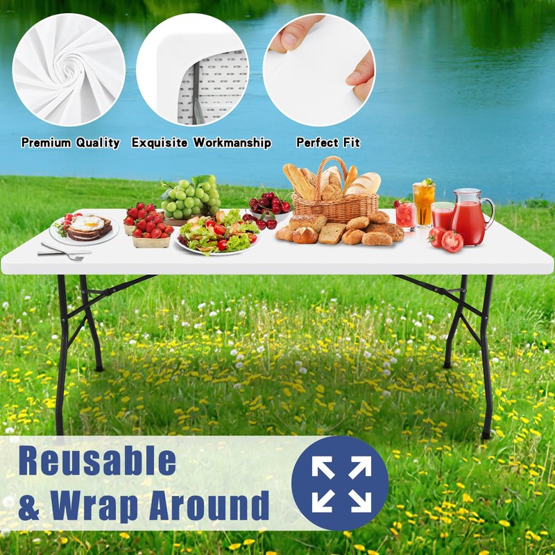 Moosfor Spandex 6 Foot Rectangle Table Cloth 2 Pack, Elastic Fitted Tablecloths for Picnic, Stretch Washable Patio Table Cover for Outdoor, Camping, Banquet and Parties (White, 30"x72")
