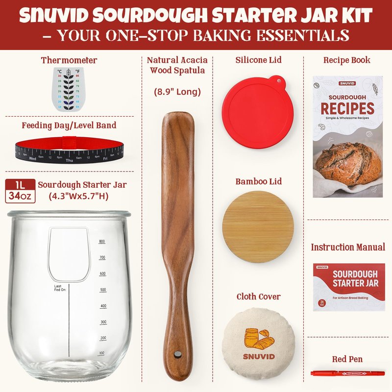 Snuvid 1 L (34 oz) Sourdough Starter Jar Kit, Wide Mouth Potbelly Crock - Glass Sour Dough Starter Bread Jar Set - Sourdough Baking Supplies - Sour Dough Bread Accessories Gifts for Sourdough Lovers