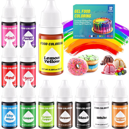 12 Color Gel Food Coloring Liquid Set, KATSPRO Food Grade Tasteless Vibrant Food Coloring Dye for Baking Icing Cake Decorating Cookie Fondant, Frosting, Cookies, Christmas Baking, Easter Egg and DIY Supplies Kit - 0.25 Fl.oz(6ml)/Bottles
