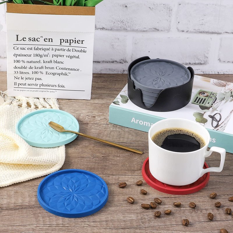 ME.FAN Silicone Coasters with Holder,[6 Pack] Drinking Coasters - Cup Mat for Hot or Cold Drinks, Thickened, Non-Slip, Non-stick,Deep Tray Navy Blue