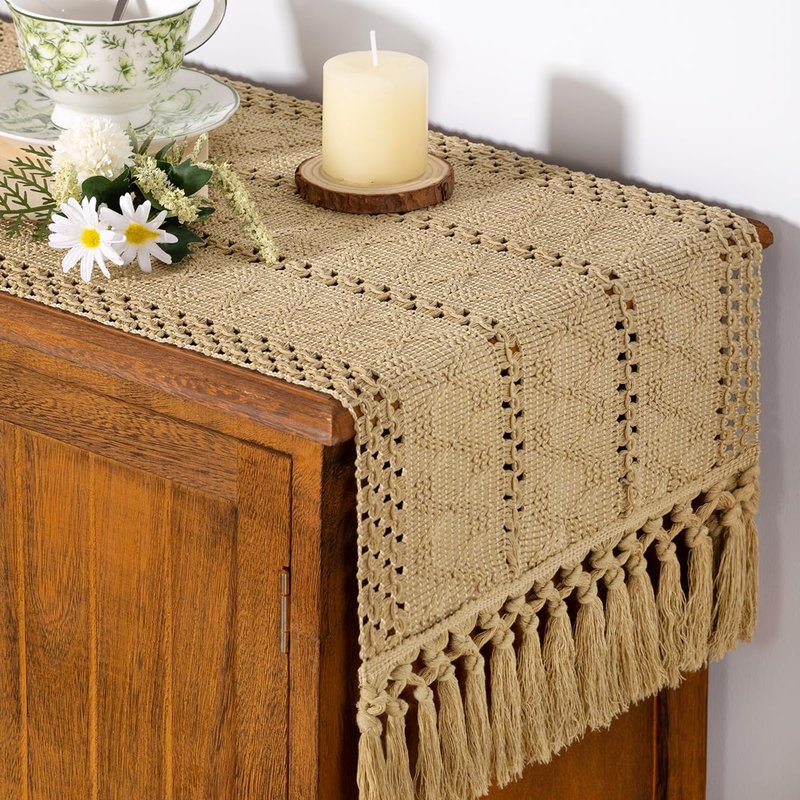 Socomi Boho Table Runner Summer Farmhouse Rustic Dining Kitchen Centerpiece Decor Small Macrame Woven Cotton Linen Coffee Table Runner for Dresser Scarf Home Decor 12x48 inch Champagne