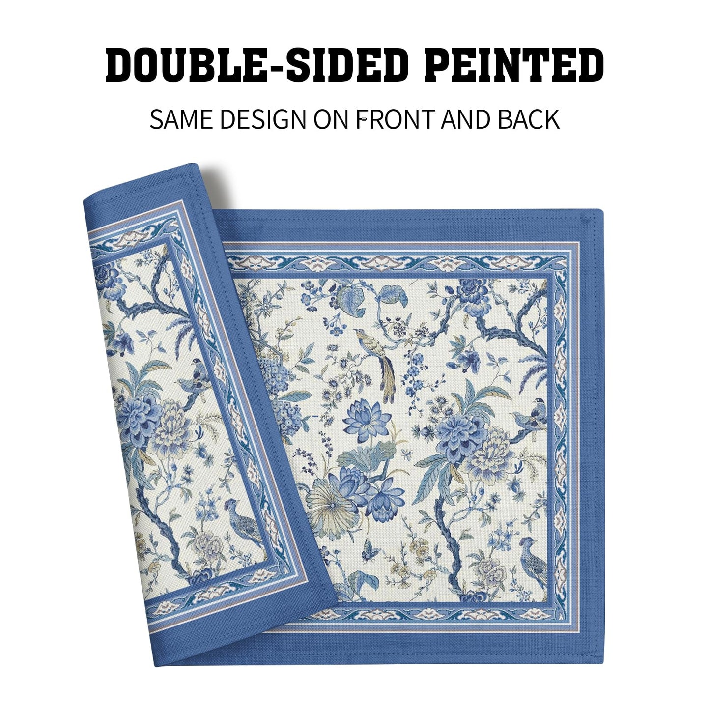 Giwawa 4PCs Chinoiserie Placemats Blue White Floral Birds Decorative Linen Table Mat 12"x18" Oriental Style Classic Flowers Heat Resistant Washable Place Mats for Kitchen Dining Party
