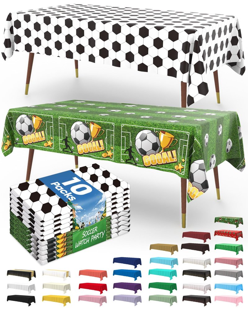 Pureegg Soccer Party Decorations 2026 Plastic Tablecloth Disposable 10 Pack, Rectangle Table Cover 54 x 108 Inch, Plastic Table Cloth for Soccer Birthday Party, Green and White Soccer
