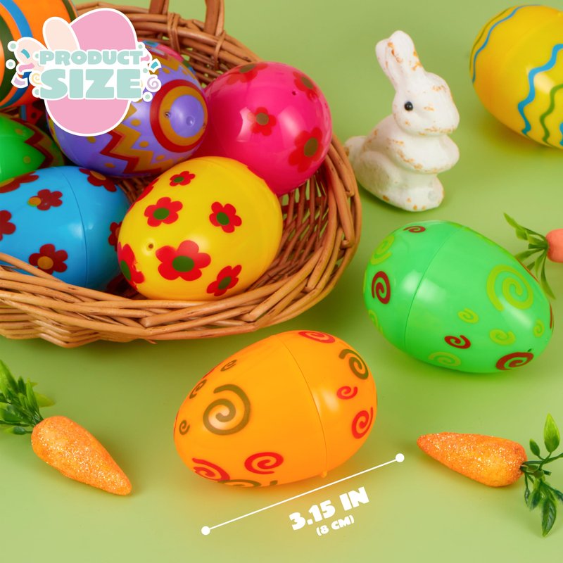 JOYIN Toy 72 PCs Plastic Printed Bright Easter Eggs, Over 3.15'' Tall Fillable Empty Eggs Bulks for Easter Hunt, Basket Stuffers Fillers, Classroom Prize Supplies, Filling Treats and Party Favor
