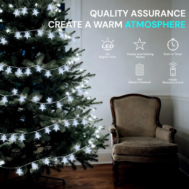 Wirhao Star String Lights Battery Operated 16.4 Feet 50 LED Star Fairy String Lights with Remote and Timer, 8 Light Modes Christmas Decorations Lights for Bedroom Waterproof for Outdoor, Bright White