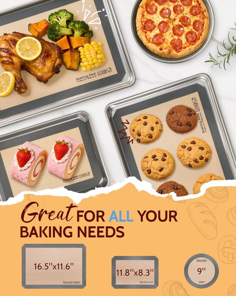 Silicone Baking Mat - Sopito Platinum Silicone - Non-Stick, Food Safe, Reusable Baking Sheet Liner, 5Pcs Set for Half Sheet Size Tray & Quarter Size Tray and 9'' Pizza pan, Grey
