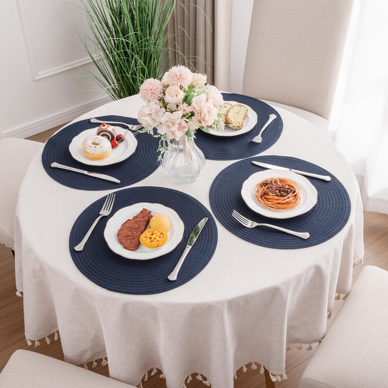 SHACOS Round Placemats Set of 4 Washable 15 inch Round Table Mats Cotton Polyester Woven Braided Place Mats for Dining Table, Navy