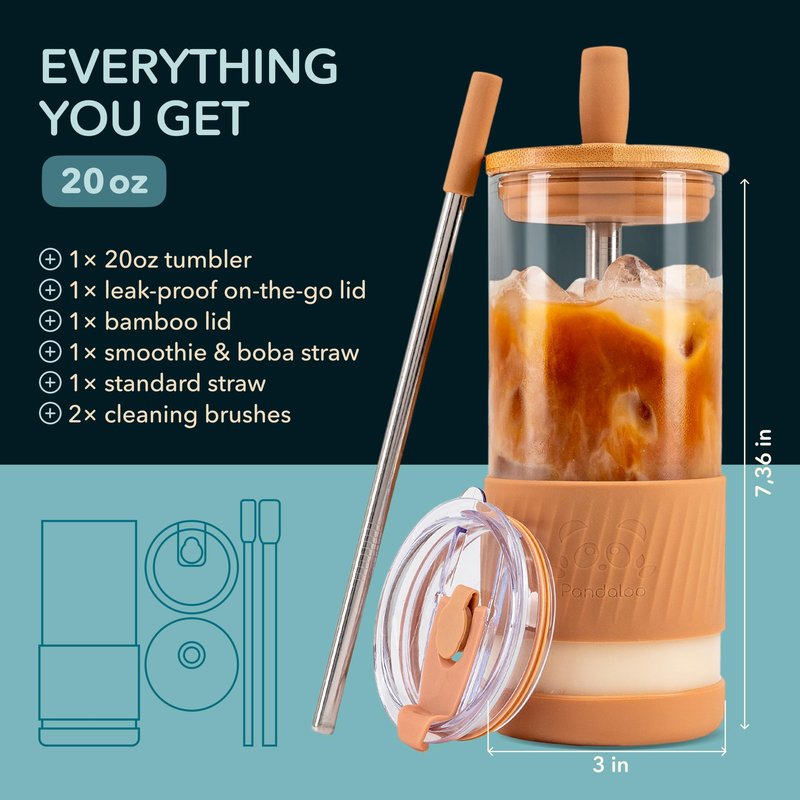 Pandaloo® Glass Cups With Lids and Straws -20 Fl Oz- Perfect Size Iced Coffee Cup - Smoothie Cup With Bamboo Lid and On the go Lid - Glass Tumbler With Straw (1 Count (Pack of 1), Amber Sand)