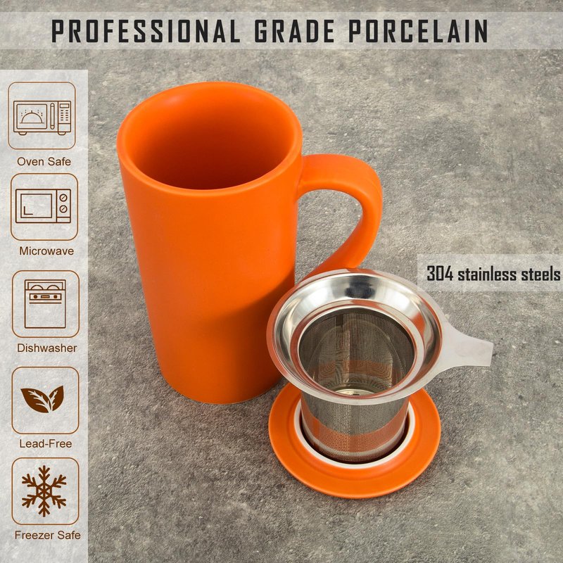 Tea Cup with Infuser and Lid, 20oz Tea Mug with Handle for Steeping Loose Leaf Tea, Dishwasher and Microwave Safe, Ceramic Tea Strainer Cup Gifts for Tea Lovers, Orange
