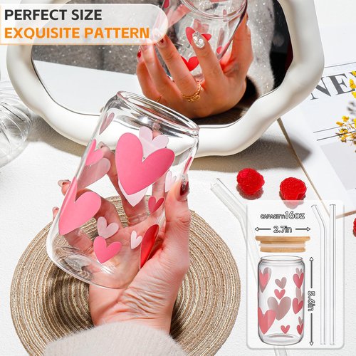 DWTS DANWEITESI Glass Cups with Lids and Straws with Design Pink Hearts 4 pcs,Clear Glass Cups 16 oz-Glass Tumbler,Cute Glass Iced Coffee Cups with Lids and Straws