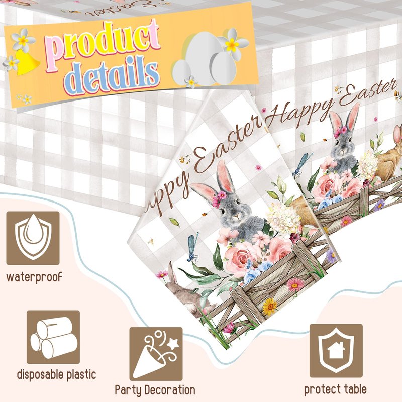 Patelai 4 Pcs 54 x 108 Inch Happy Easter Bunny Table Cloth Rectangle Plastic Easter Flowers Table Cover Spring Tablecloth Party Decorations for Home Picnic Dinner
