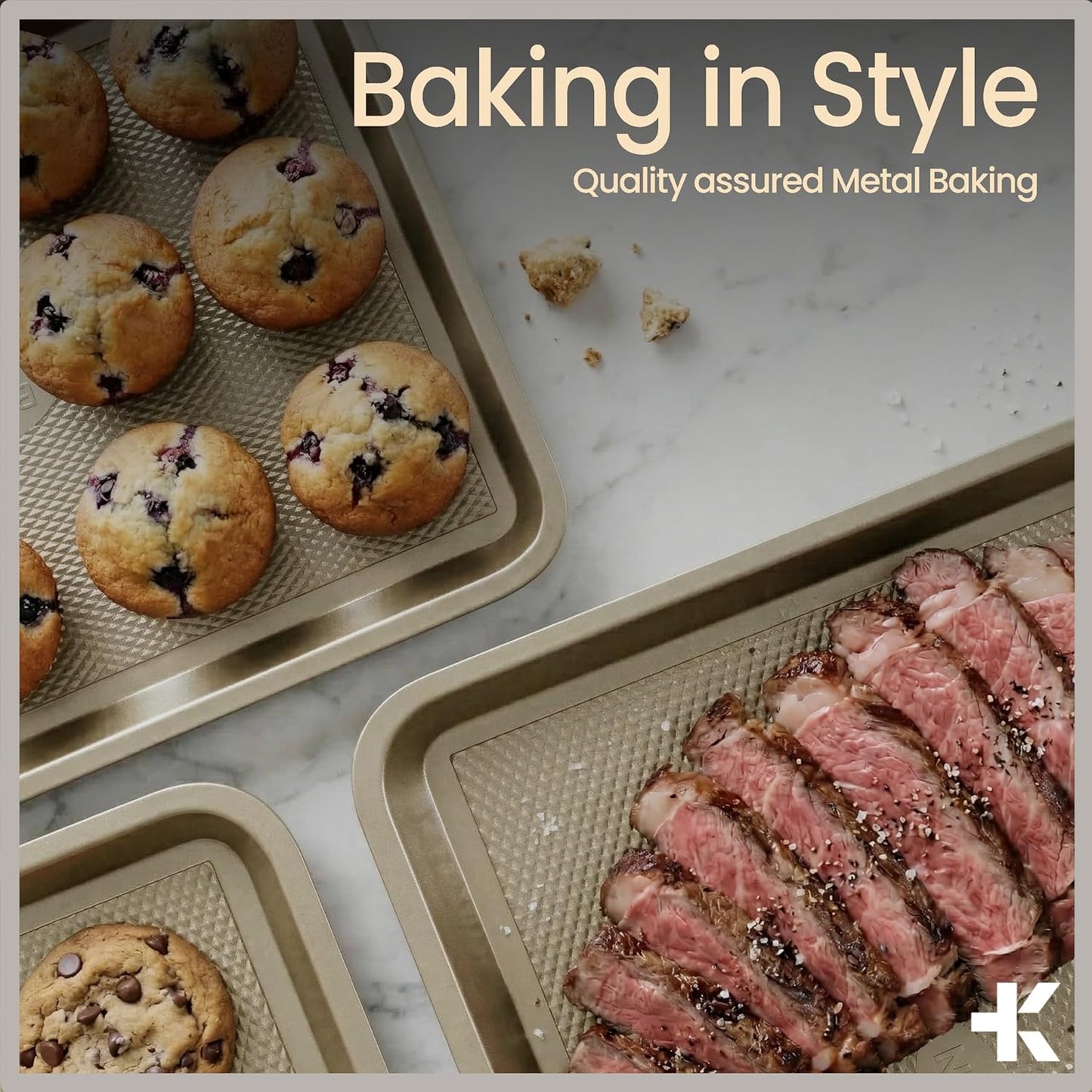 BAKKEN Nonstick Baking Pan - Commercial Grade Carbon Steel Cookie Sheet, 13.58” x 9.65”, PFOA Free | White Marble Finish