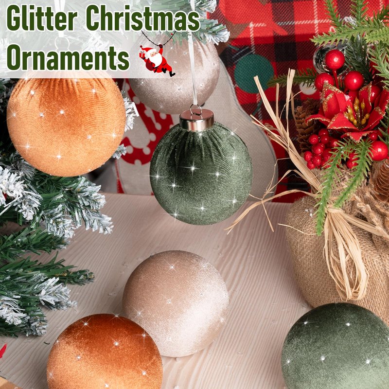 TonJin Christmas Tree Ornaments Velvet Balls 12 Pack, 3.15"/80mm Glitter Shatterproof Hanging Flocked Large Xmas Bulbs Decorations, Lightweight,Green Burnt Orange Neutral Holiday Party Home Decor