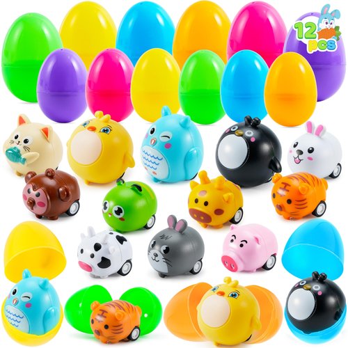 JOYIN 12 Pcs Prefilled Easter Eggs with Toys, Plastic Easter Eggs with Animal Cars for Kids Gift, Basket Stuffers, Classroom Prize Supplies, Party Favors